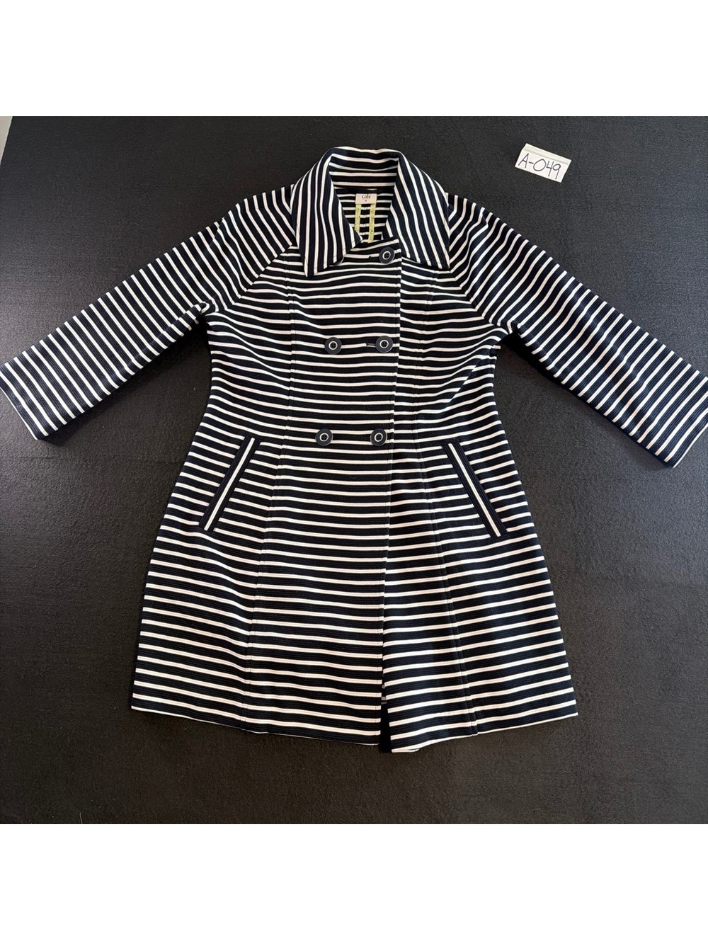 Cabi Striped Knit Trench Coat Womens M Navy White Double Breasted Long Jacket